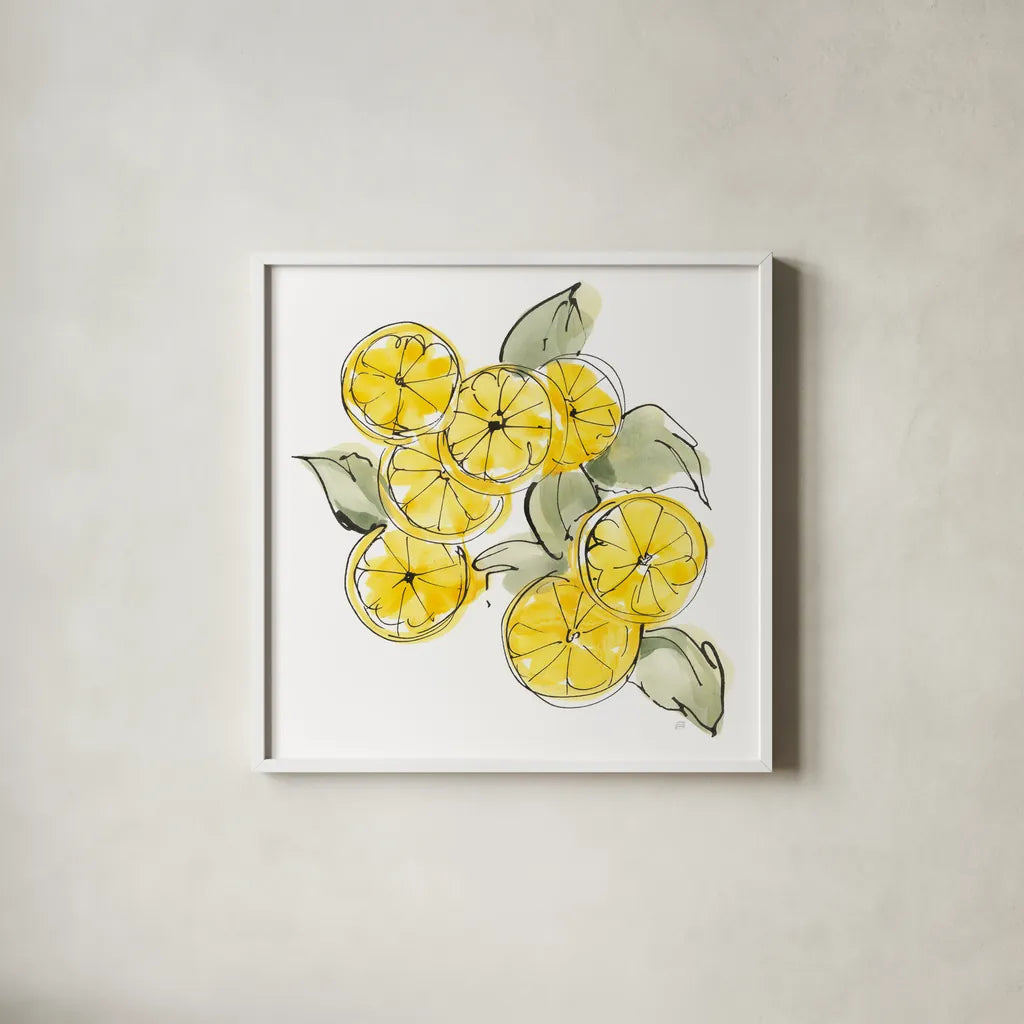 Cut Lemons I by Chris Paschke. Shown in a crisp white glass frame for a clean and minimalist style. Available as an archival giclee rolled canvas, fine art paper, or poster print. SKU 66884a.