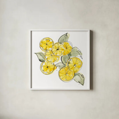 Cut Lemons I by Chris Paschke. Shown in a crisp white glass frame for a clean and minimalist style. Available as an archival giclee rolled canvas, fine art paper, or poster print. SKU 66884a.