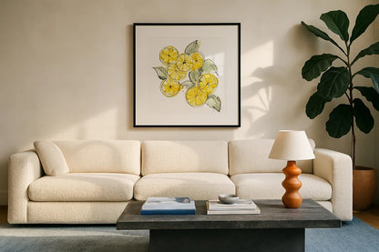Cut Lemons I by Chris Paschke. Displayed in a glass frame with matte in a clean modern living room. Available as an archival giclee rolled canvas, fine art paper, or poster print. SKU 66884a.