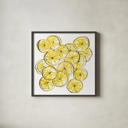 Cut Lemons III by Chris Paschke. Shown in a sleek black glass frame for a contemporary gallery look. Available as an archival giclee rolled canvas, fine art paper, or poster print. SKU 66886a.