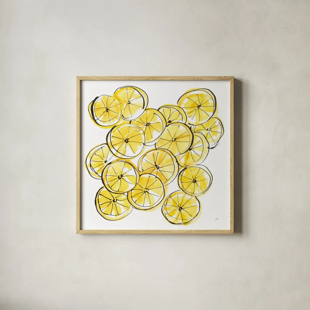 Cut Lemons III by Chris Paschke. Shown in a natural wood glass frame for a timeless modern aesthetic. Available as an archival giclee rolled canvas, fine art paper, or poster print. SKU 66886a.