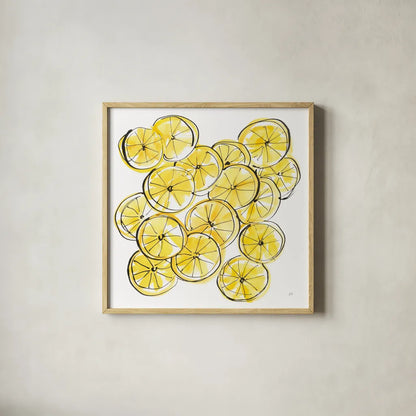 Cut Lemons III by Chris Paschke. Shown in a natural wood glass frame for a timeless modern aesthetic. Available as an archival giclee rolled canvas, fine art paper, or poster print. SKU 66886a.