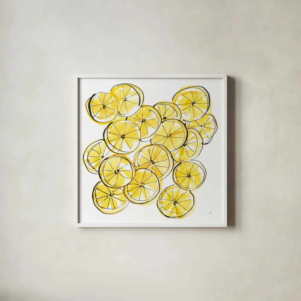 Cut Lemons III by Chris Paschke. Shown in a crisp white glass frame for a clean and minimalist style. Available as an archival giclee rolled canvas, fine art paper, or poster print. SKU 66886a.