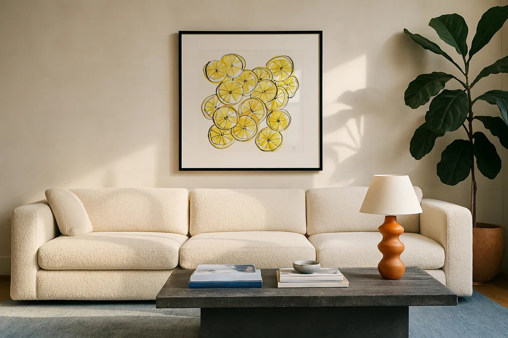 Cut Lemons III by Chris Paschke. Displayed in a glass frame with matte in a clean modern living room. Available as an archival giclee rolled canvas, fine art paper, or poster print. SKU 66886a.