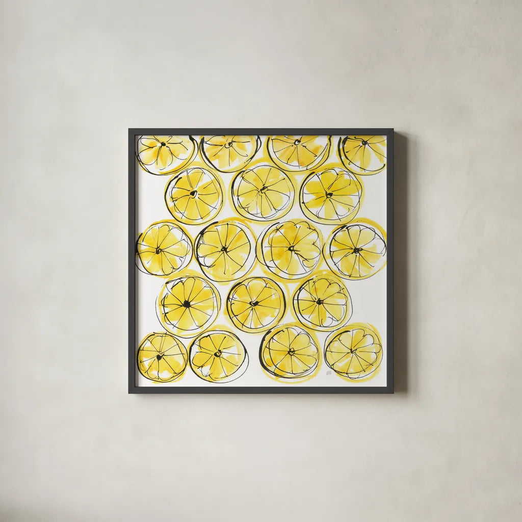 Cut Lemons IV by Chris Paschke. Shown in a sleek black glass frame for a contemporary gallery look. Available as an archival giclee rolled canvas, fine art paper, or poster print. SKU 66887a.