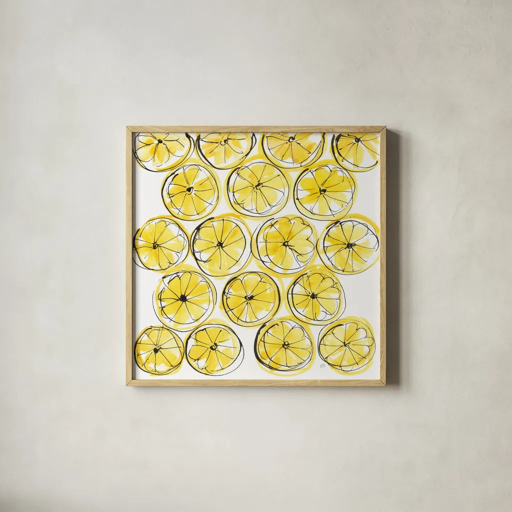 Cut Lemons IV by Chris Paschke. Shown in a natural wood glass frame for a timeless modern aesthetic. Available as an archival giclee rolled canvas, fine art paper, or poster print. SKU 66887a.