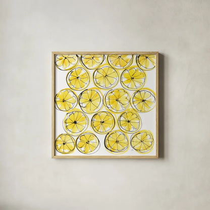 Cut Lemons IV by Chris Paschke. Shown in a natural wood glass frame for a timeless modern aesthetic. Available as an archival giclee rolled canvas, fine art paper, or poster print. SKU 66887a.