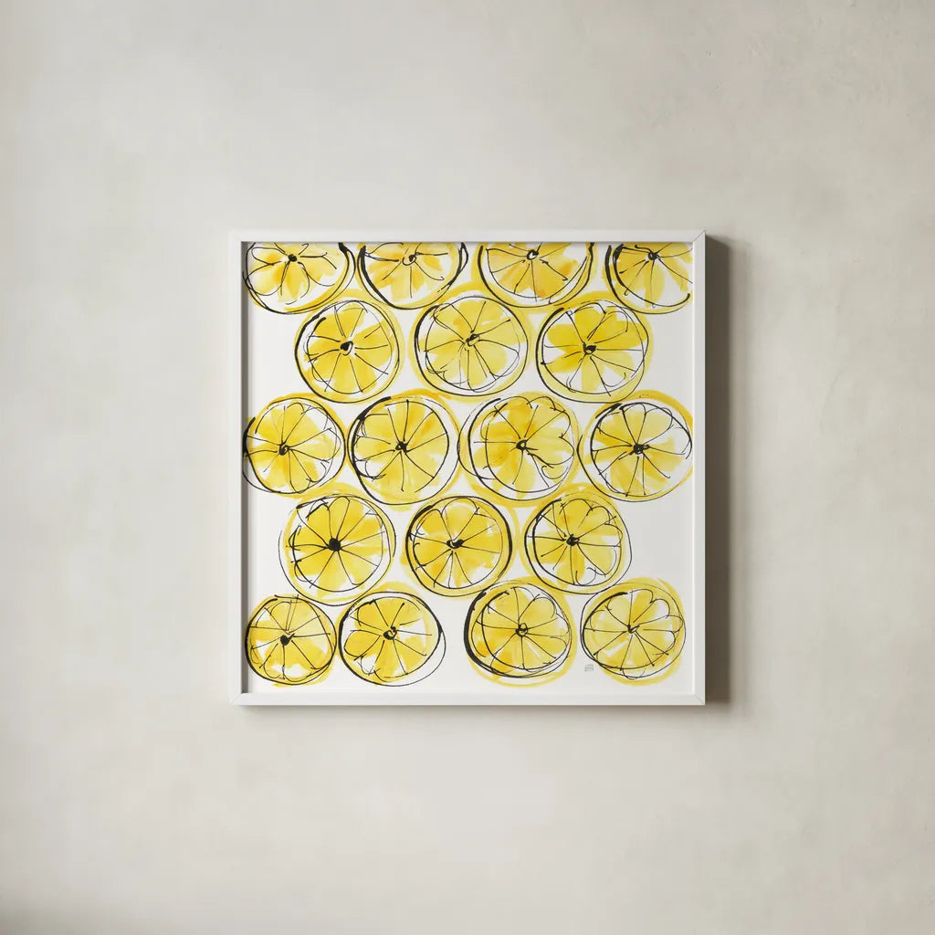 Cut Lemons IV by Chris Paschke. Shown in a crisp white glass frame for a clean and minimalist style. Available as an archival giclee rolled canvas, fine art paper, or poster print. SKU 66887a.