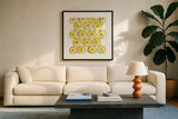 Cut Lemons IV by Chris Paschke. Displayed in a glass frame with matte in a clean modern living room. Available as an archival giclee rolled canvas, fine art paper, or poster print. SKU 66887a.