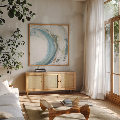 Cyclical II by Chris Paschke. Shown in a natural wood frame in a cozy modern living room. Available as an archival giclee rolled canvas, fine art paper, or poster print. SKU 82267a.