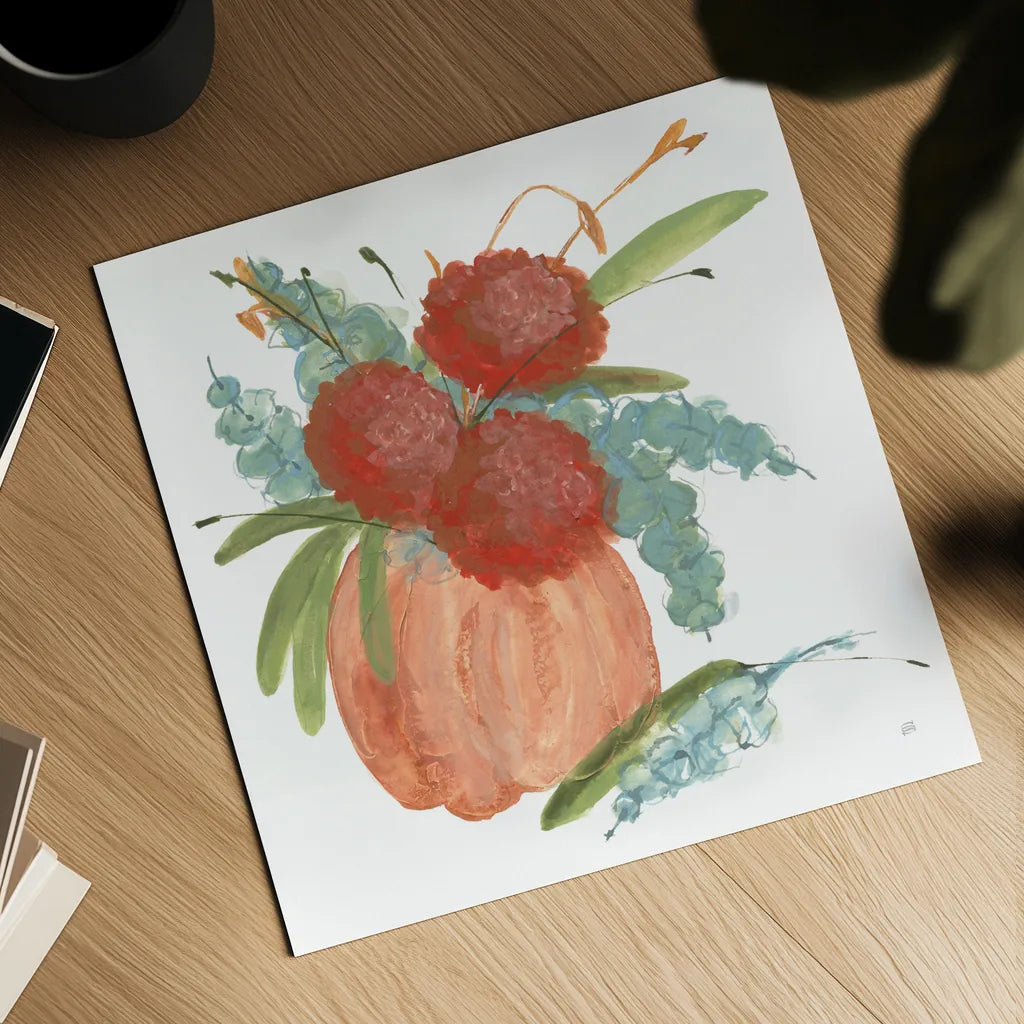 Dahlias and Eucalyptus by Chris Paschke. Shown as a detailed flat fine art print, highlighting archival giclee quality. Available as an archival giclee rolled canvas, fine art paper, or poster print. SKU 81870a.