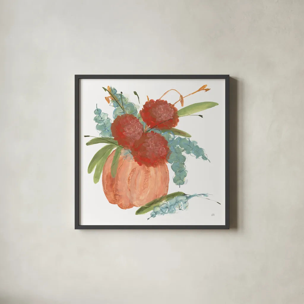 Dahlias and Eucalyptus by Chris Paschke. Shown in a sleek black glass frame for a contemporary gallery look. Available as an archival giclee rolled canvas, fine art paper, or poster print. SKU 81870a.