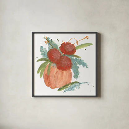 Dahlias and Eucalyptus by Chris Paschke. Shown in a sleek black glass frame for a contemporary gallery look. Available as an archival giclee rolled canvas, fine art paper, or poster print. SKU 81870a.