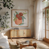 Dahlias and Eucalyptus by Chris Paschke. Shown in a natural wood frame in a cozy modern living room. Available as an archival giclee rolled canvas, fine art paper, or poster print. SKU 81870a.