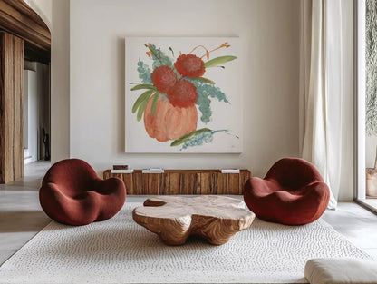 Dahlias and Eucalyptus by Chris Paschke. Shown as extra-large giant wall art in a modern living room. Available as an archival giclee rolled canvas, fine art paper, or poster print. SKU 81870a.
