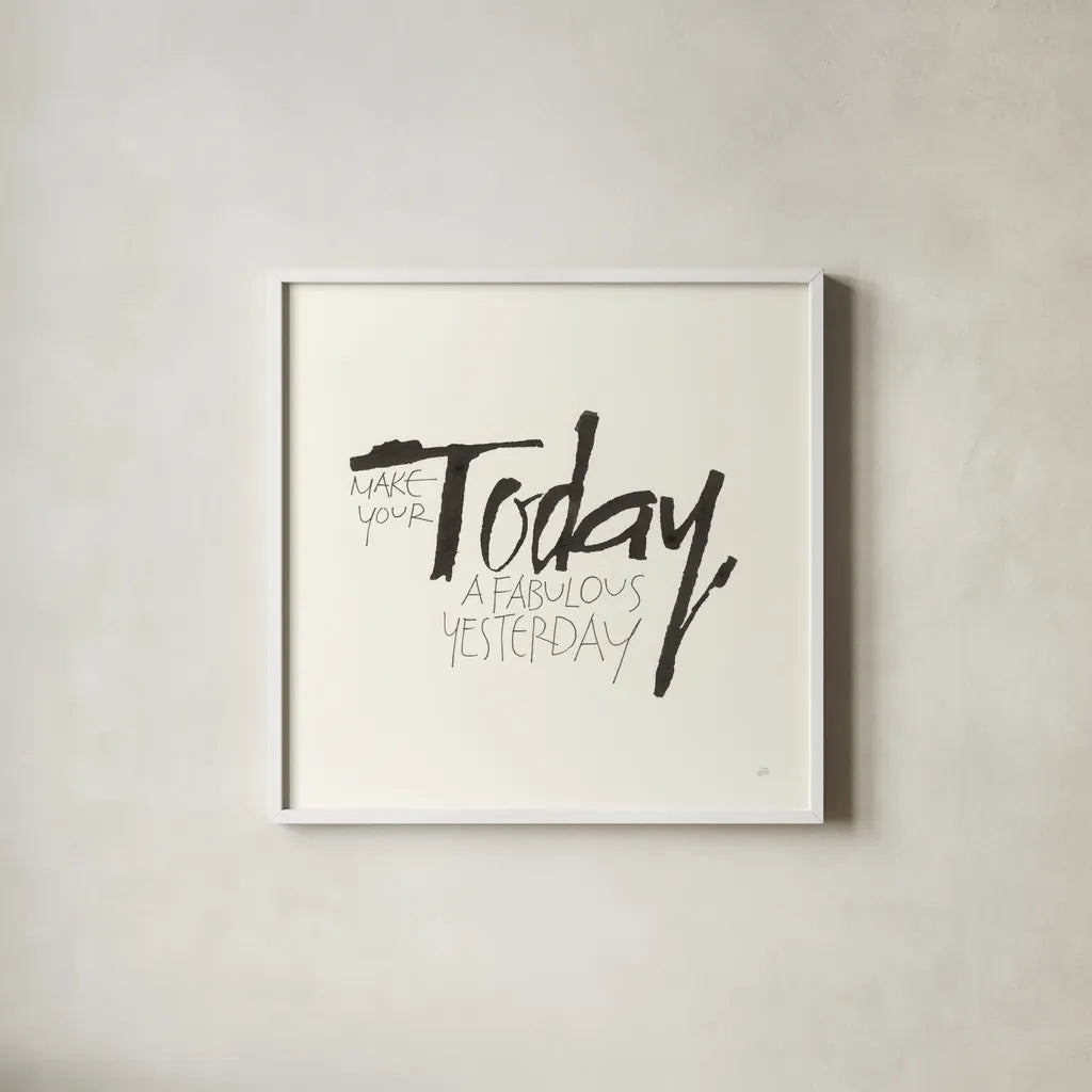 Daily Saying I by Chris Paschke. Shown in a crisp white glass frame for a clean and minimalist style. Available as an archival giclee rolled canvas, fine art paper, or poster print. SKU 59401a.