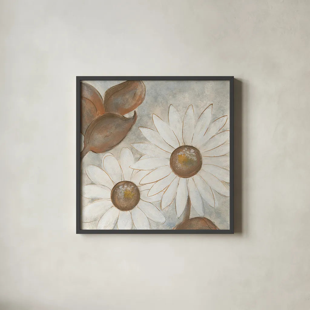 Daisy Do I Neutral by Chris Paschke. Shown in a sleek black glass frame for a contemporary gallery look. Available as an archival giclee rolled canvas, fine art paper, or poster print. SKU 39338a.