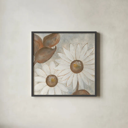 Daisy Do I Neutral by Chris Paschke. Shown in a sleek black glass frame for a contemporary gallery look. Available as an archival giclee rolled canvas, fine art paper, or poster print. SKU 39338a.