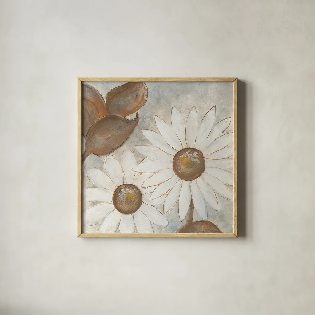 Daisy Do I Neutral by Chris Paschke. Shown in a natural wood glass frame for a timeless modern aesthetic. Available as an archival giclee rolled canvas, fine art paper, or poster print. SKU 39338a.