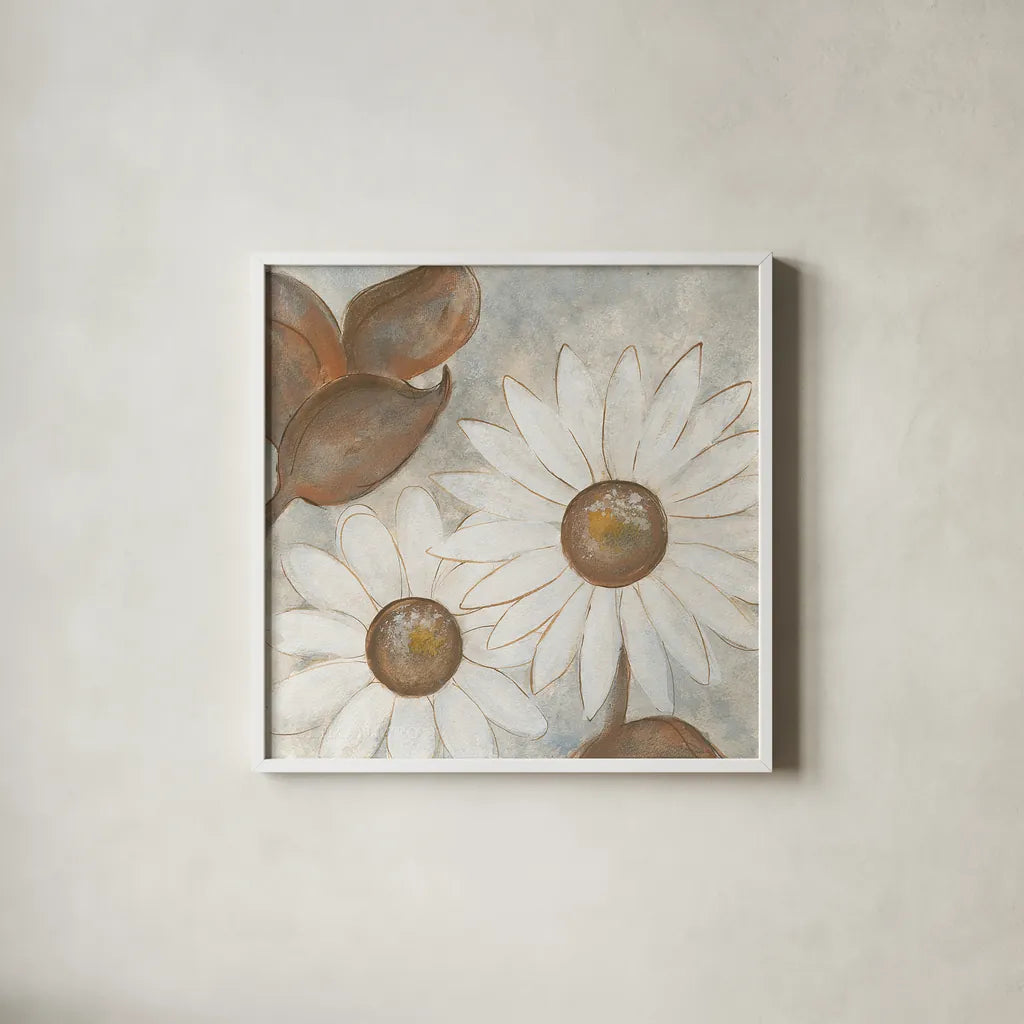 Daisy Do I Neutral by Chris Paschke. Shown in a crisp white glass frame for a clean and minimalist style. Available as an archival giclee rolled canvas, fine art paper, or poster print. SKU 39338a.