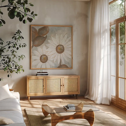 Daisy Do I Neutral by Chris Paschke. Shown in a natural wood frame in a cozy modern living room. Available as an archival giclee rolled canvas, fine art paper, or poster print. SKU 39338a.