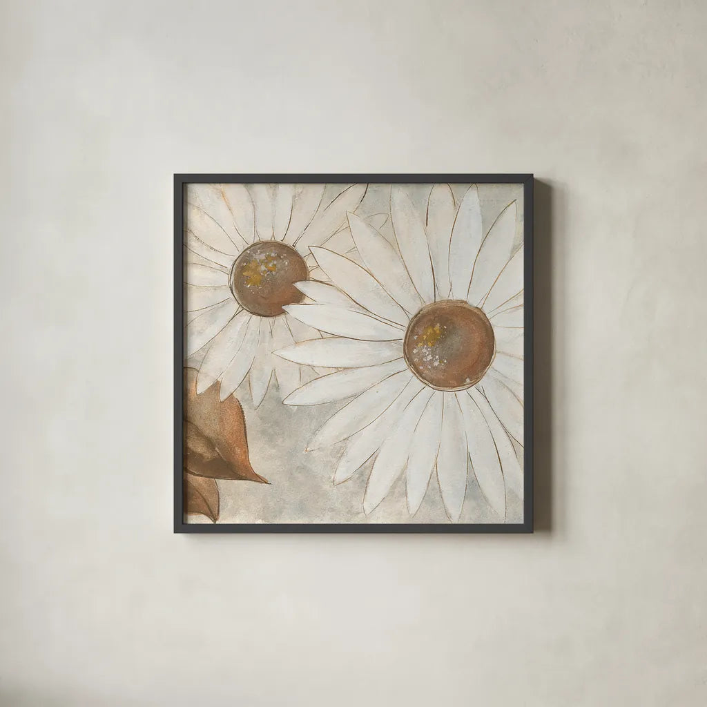 Daisy Do II Neutral by Chris Paschke. Shown in a sleek black glass frame for a contemporary gallery look. Available as an archival giclee rolled canvas, fine art paper, or poster print. SKU 39339a.