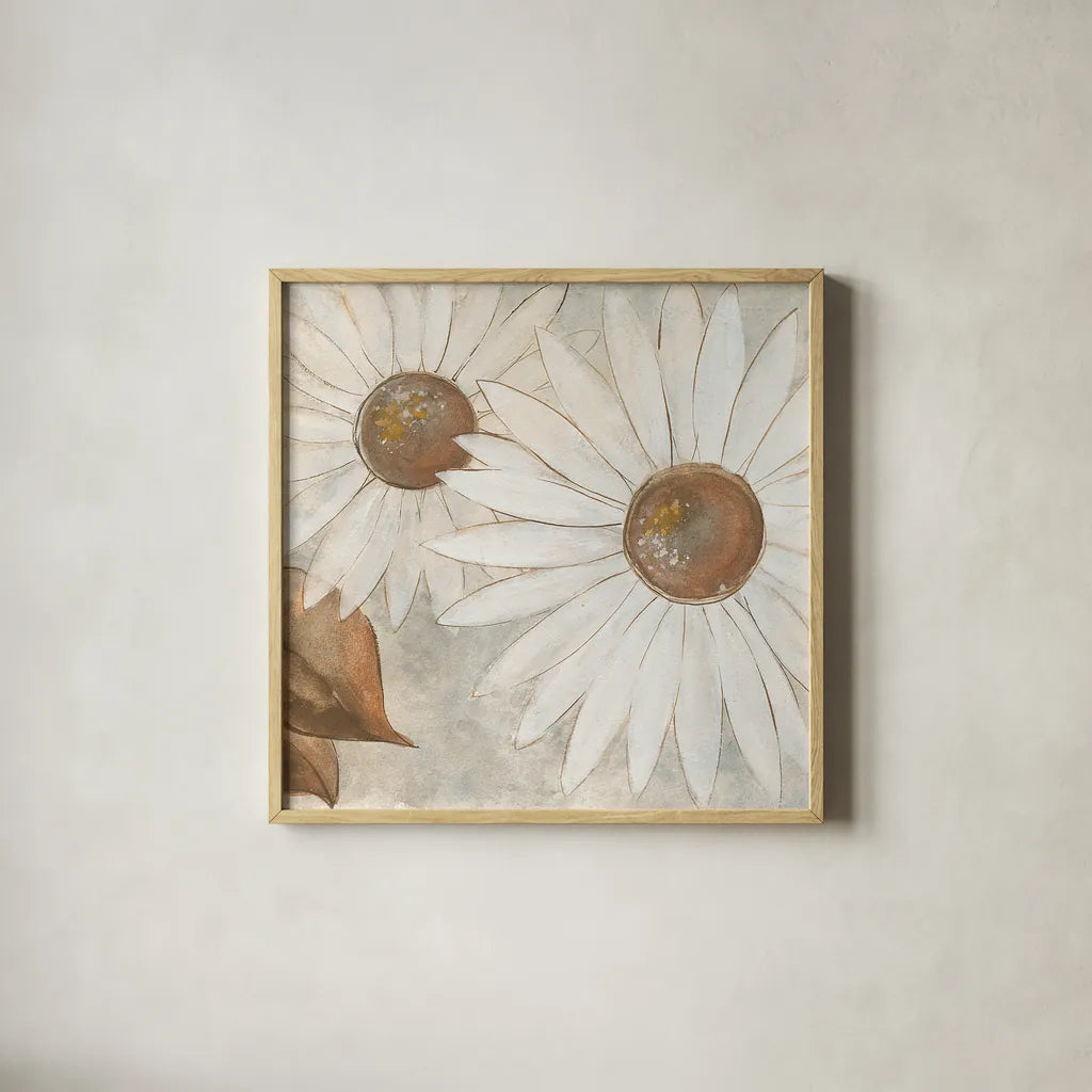 Daisy Do II Neutral by Chris Paschke. Shown in a natural wood glass frame for a timeless modern aesthetic. Available as an archival giclee rolled canvas, fine art paper, or poster print. SKU 39339a.