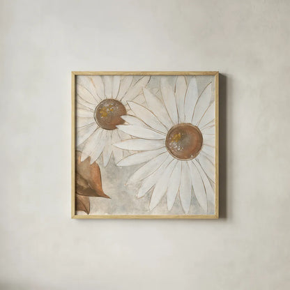 Daisy Do II Neutral by Chris Paschke. Shown in a natural wood glass frame for a timeless modern aesthetic. Available as an archival giclee rolled canvas, fine art paper, or poster print. SKU 39339a.