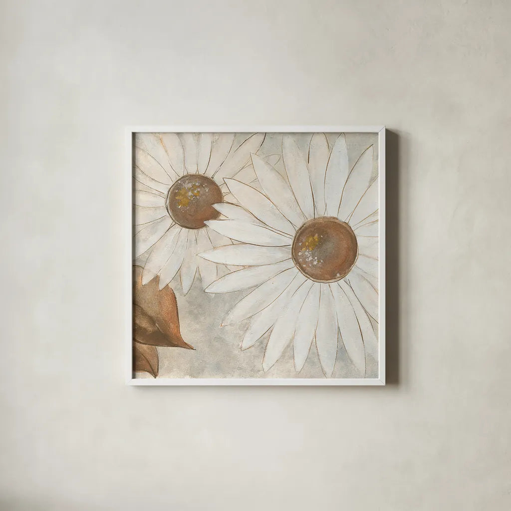 Daisy Do II Neutral by Chris Paschke. Shown in a crisp white glass frame for a clean and minimalist style. Available as an archival giclee rolled canvas, fine art paper, or poster print. SKU 39339a.