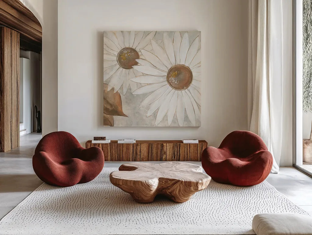Daisy Do II Neutral by Chris Paschke. Shown as extra-large giant wall art in a modern living room. Available as an archival giclee rolled canvas, fine art paper, or poster print. SKU 39339a.