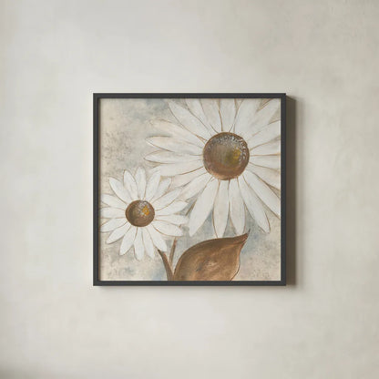 Daisy Do III Neutral by Chris Paschke. Shown in a sleek black glass frame for a contemporary gallery look. Available as an archival giclee rolled canvas, fine art paper, or poster print. SKU 39340a.