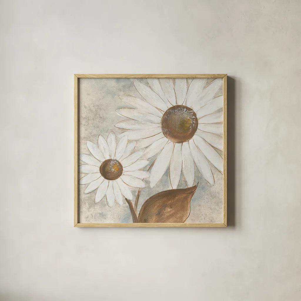 Daisy Do III Neutral by Chris Paschke. Shown in a natural wood glass frame for a timeless modern aesthetic. Available as an archival giclee rolled canvas, fine art paper, or poster print. SKU 39340a.
