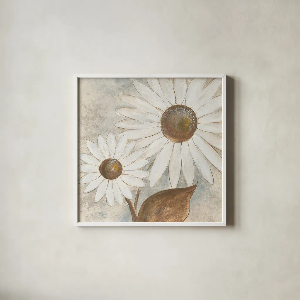 Daisy Do III Neutral by Chris Paschke. Shown in a crisp white glass frame for a clean and minimalist style. Available as an archival giclee rolled canvas, fine art paper, or poster print. SKU 39340a.
