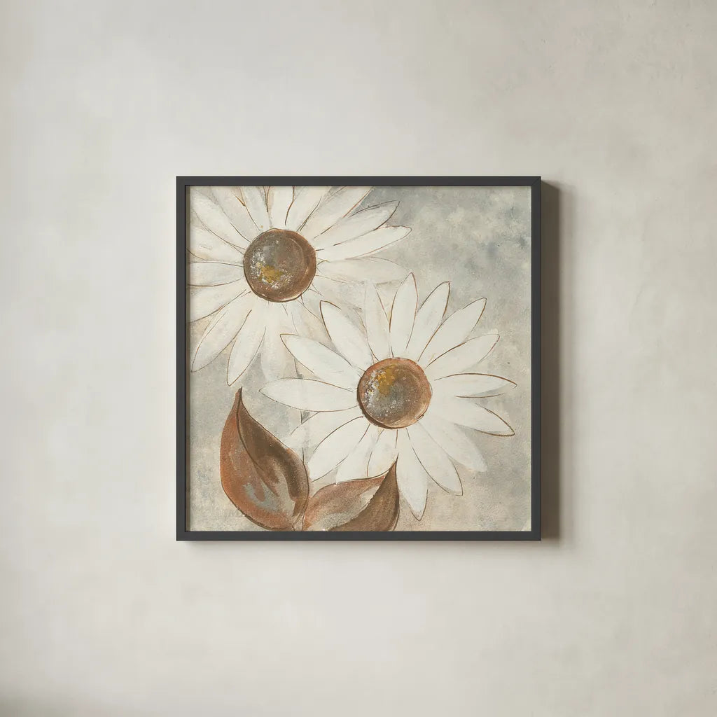 Daisy Do IV Neutral by Chris Paschke. Shown in a sleek black glass frame for a contemporary gallery look. Available as an archival giclee rolled canvas, fine art paper, or poster print. SKU 39341a.