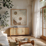 Daisy Do IV Neutral by Chris Paschke. Shown in a natural wood frame in a cozy modern living room. Available as an archival giclee rolled canvas, fine art paper, or poster print. SKU 39341a.
