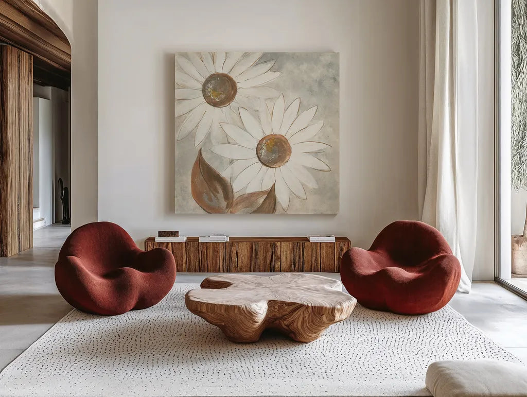 Daisy Do IV Neutral by Chris Paschke. Shown as extra-large giant wall art in a modern living room. Available as an archival giclee rolled canvas, fine art paper, or poster print. SKU 39341a.