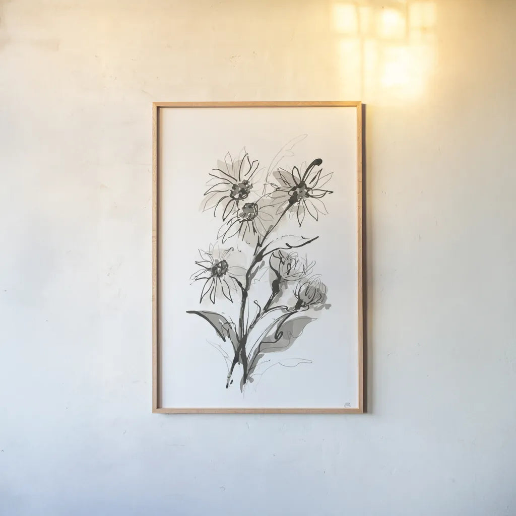 Daisy I by Chris Paschke. shown as a paper print in a natural frame. Available as a archival giclee rolled canvas, fine art paper, or poster print. SKU 74372h.