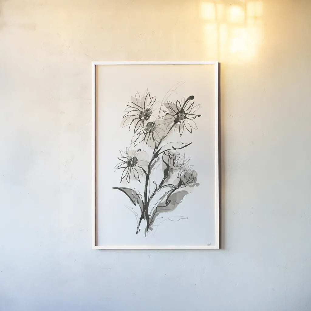 Daisy I by Chris Paschke. shown as a paper print in a white frame. Available as a archival giclee rolled canvas, fine art paper, or poster print. SKU 74372h.