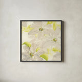 Dancing Clematis I by Chris Paschke. Shown in a sleek black glass frame for a contemporary gallery look. Available as an archival giclee rolled canvas, fine art paper, or poster print. SKU 47267a.