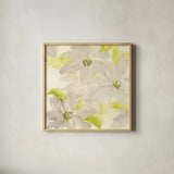 Dancing Clematis I by Chris Paschke. Shown in a natural wood glass frame for a timeless modern aesthetic. Available as an archival giclee rolled canvas, fine art paper, or poster print. SKU 47267a.