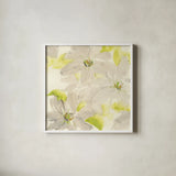 Dancing Clematis I by Chris Paschke. Shown in a crisp white glass frame for a clean and minimalist style. Available as an archival giclee rolled canvas, fine art paper, or poster print. SKU 47267a.