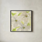 Dancing Clematis II by Chris Paschke. Shown in a sleek black glass frame for a contemporary gallery look. Available as an archival giclee rolled canvas, fine art paper, or poster print. SKU 47268a.