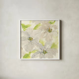 Dancing Clematis II by Chris Paschke. Shown in a crisp white glass frame for a clean and minimalist style. Available as an archival giclee rolled canvas, fine art paper, or poster print. SKU 47268a.
