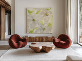 Dancing Clematis II by Chris Paschke. Shown as extra-large giant wall art in a modern living room. Available as an archival giclee rolled canvas, fine art paper, or poster print. SKU 47268a.