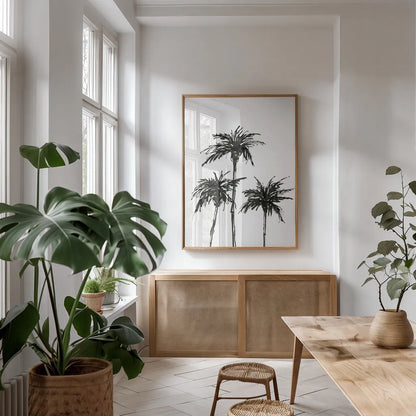 Dark Palms I by Chris Paschke. shown as a print in a natural wood frame in a dining room. Available as a archival giclee rolled canvas, fine art paper, or poster print. SKU 78874h.