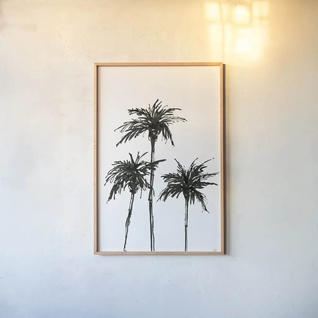 Dark Palms I by Chris Paschke. shown as a paper print in a natural frame. Available as a archival giclee rolled canvas, fine art paper, or poster print. SKU 78874h.