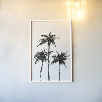 Dark Palms I by Chris Paschke. shown as a paper print in a white frame. Available as a archival giclee rolled canvas, fine art paper, or poster print. SKU 78874h.