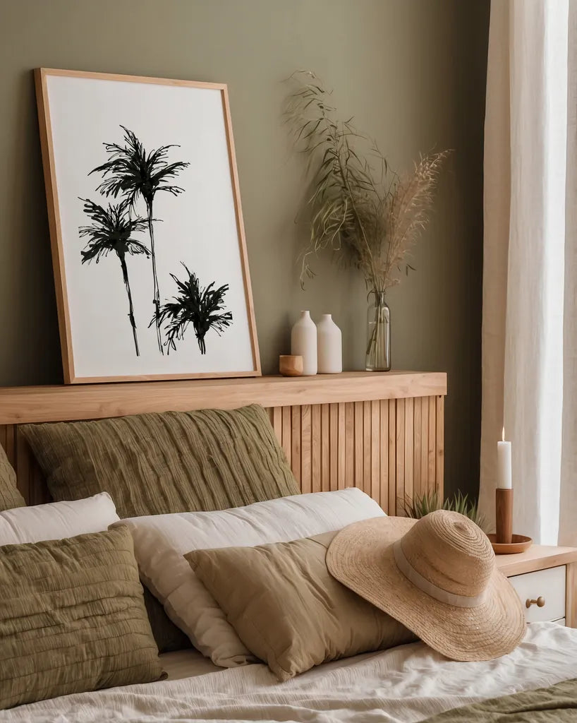 Dark Palms II by Chris Paschke. shown as a paper print in a natural frame. Available as a archival giclee rolled canvas, fine art paper, or poster print. SKU 78875h.