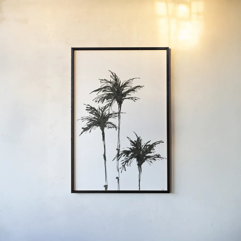Dark Palms II by Chris Paschke. shown as a paper print in a black flame. Available as a archival giclee rolled canvas, fine art paper, or poster print. SKU 78875h.