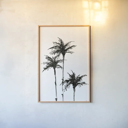 Dark Palms II by Chris Paschke. shown as a paper print in a natural frame. Available as a archival giclee rolled canvas, fine art paper, or poster print. SKU 78875h.